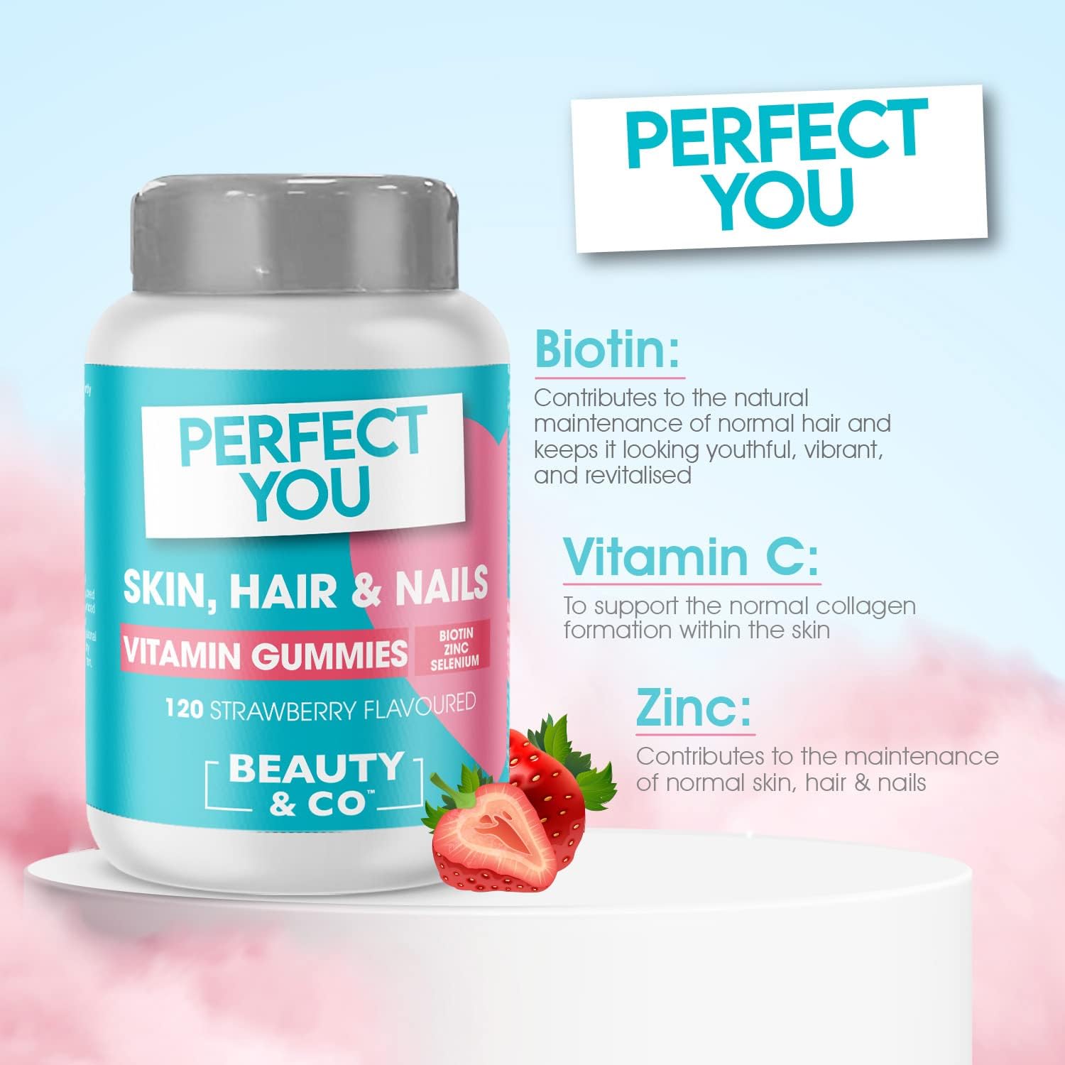 Perfect You Skin, Hair and Nails Gummies - with Biotin, Zinc & Selenium - Strawberry Flavoured Gummies (120 Count) - Image 4