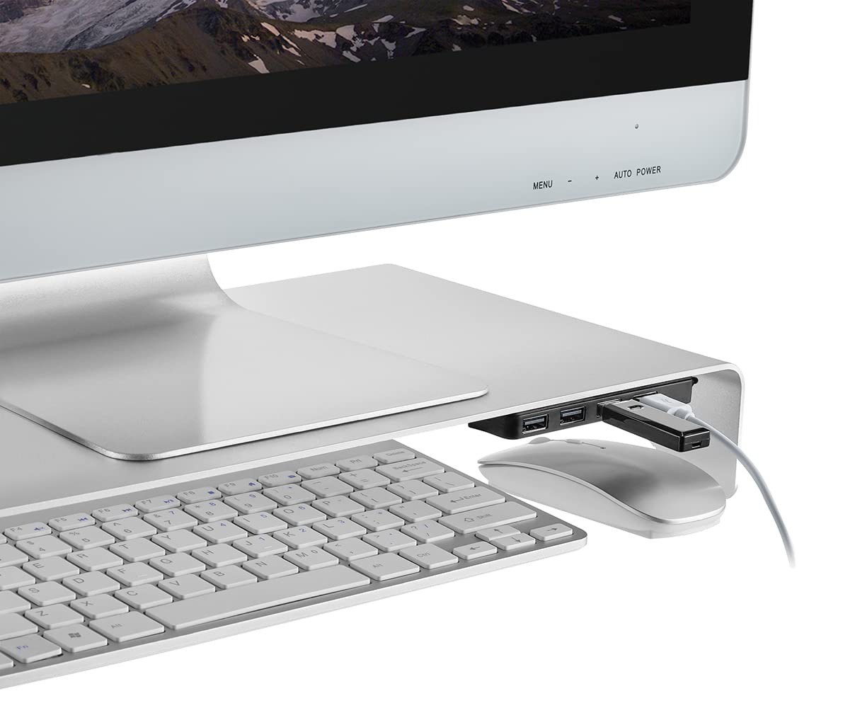 mywall HT46L - Supporto per monitor in alluminio con cuscinetti in silicone antiscivolo, supporto per monitor con 4 porte USB 2.0, supporto per schermi e computer portatili da 11 a 32 pollici, carico