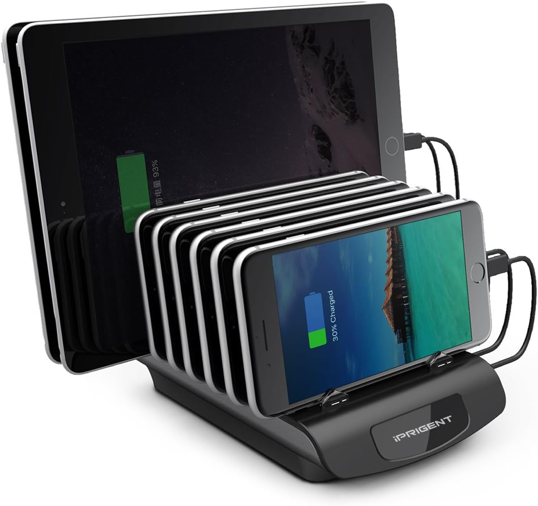 Charging Station Dock 8-Port USB Desktop Charging Stand Organizer with Type C Port Multiple-Devices Quick Charger with Removable Baffles for Smart-phone iPhone iPad Mac-Book Android iPRIGENT …