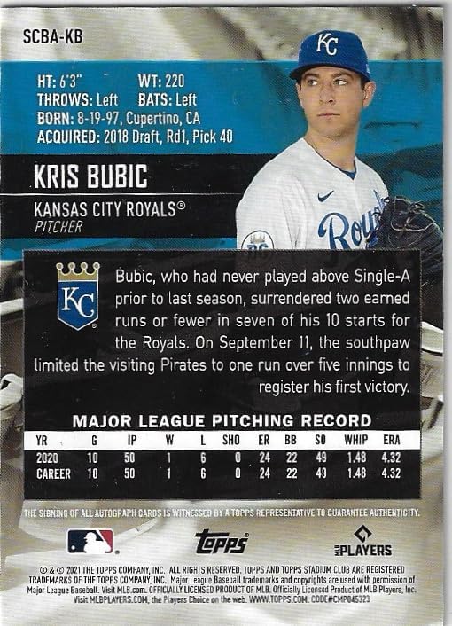 Kris Bubic Auto Autographed On Card Rookie Card Collectible Baseball Card - 2021 Stadium Club Baseball Card #SCBA-KB (Royals)