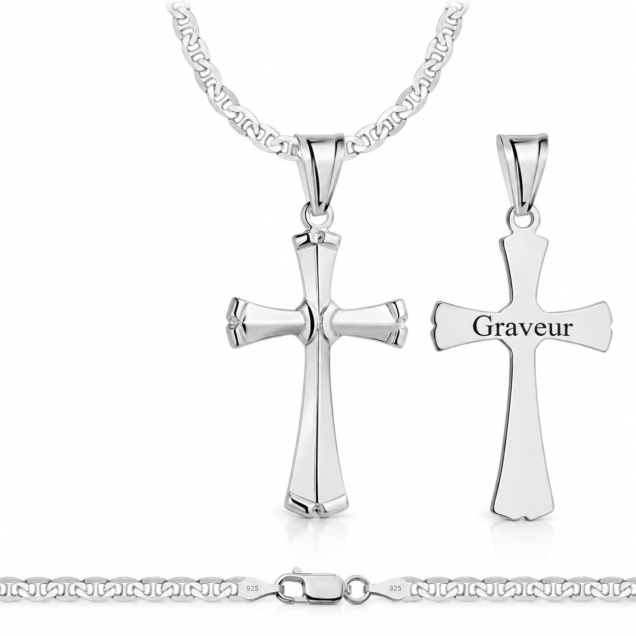 ZELYA Halskette Herren 45-60 CM 925 Silber Panzerkette 3,5 mm rhodiniert – läuft nicht an, Kreuz Anhänger mit Gravur + Geschenkbox Gravur, Gliederkette