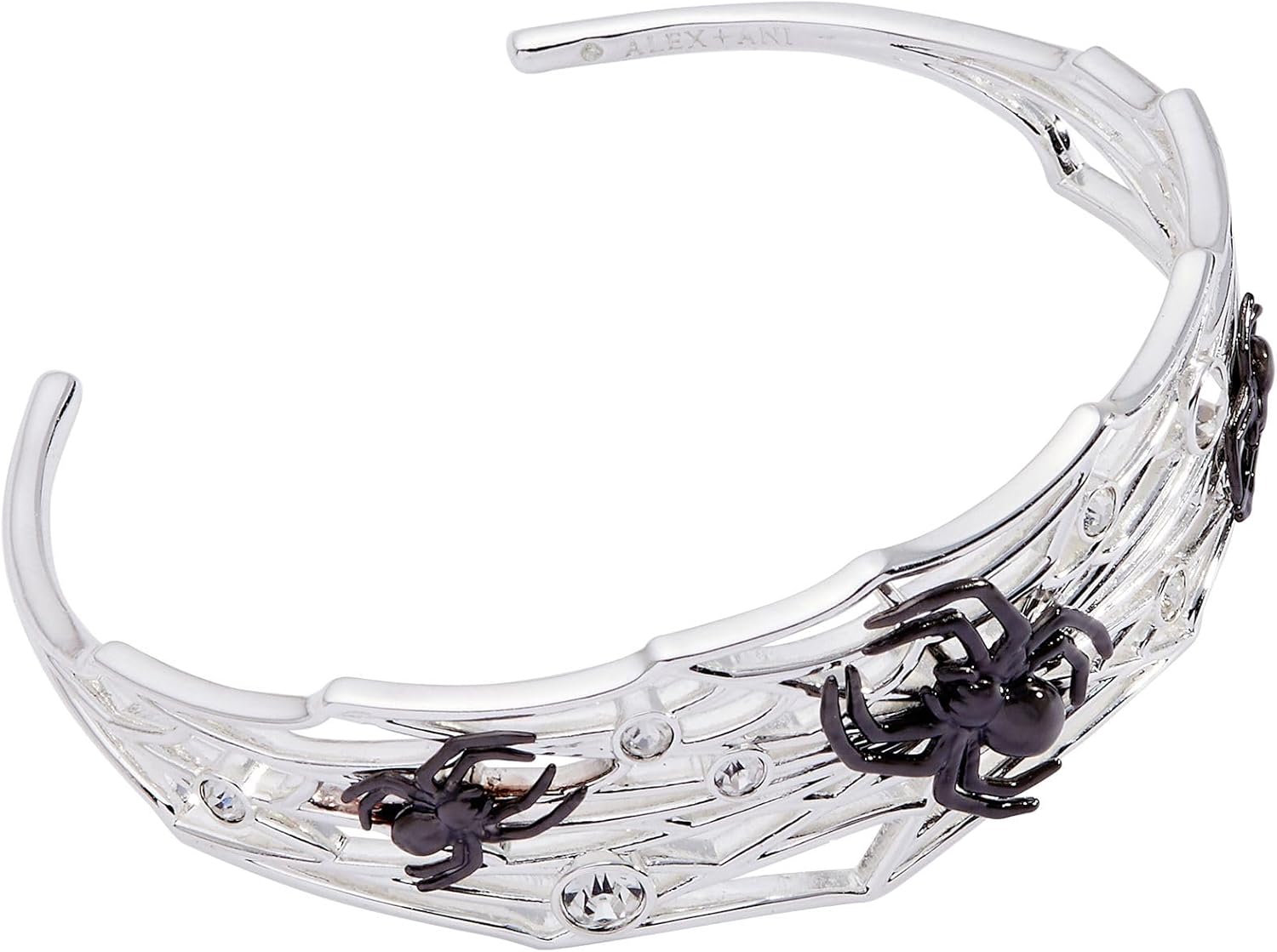 Alex and Ani Silver Cuff Bracelet - Spider Web Design with Black Spiders, Glows in the Dark, Crystal Accents, Spooky Halloween Jewelry, Nickel-Free