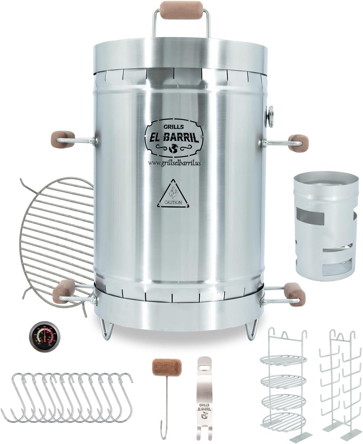 EL BARRIL 30lbs Grill & Smoker Barrel, Stainless Steel Charcoal Smoker Grill – Portable Outdoor Smokers with Grilling Accessories