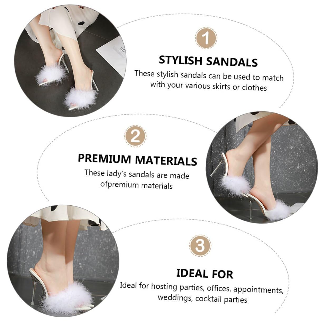 BESTonZON Pantofole Donna Tacco Sottile Bianco, Design Piuma Elegante, Materiale Pvc e Pelle di Maiale, Tacco Stabile per Occasioni Speciali