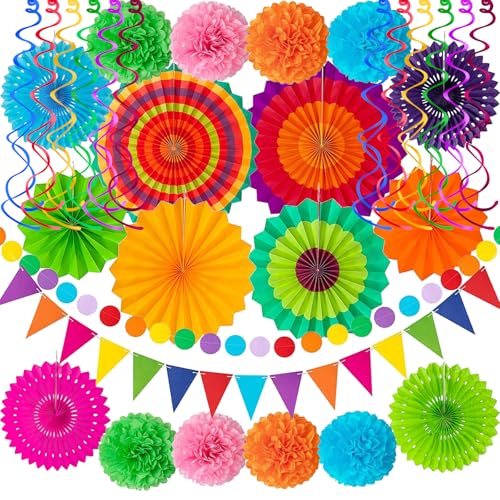 32Pcs Cinco De Mayo Decorations Fiesta Party Decorations Multi-Color Paper Fans Garlands Pennant Pom Poms Hanging Swirls For Birthday Wedding Rainbow Mexican Party