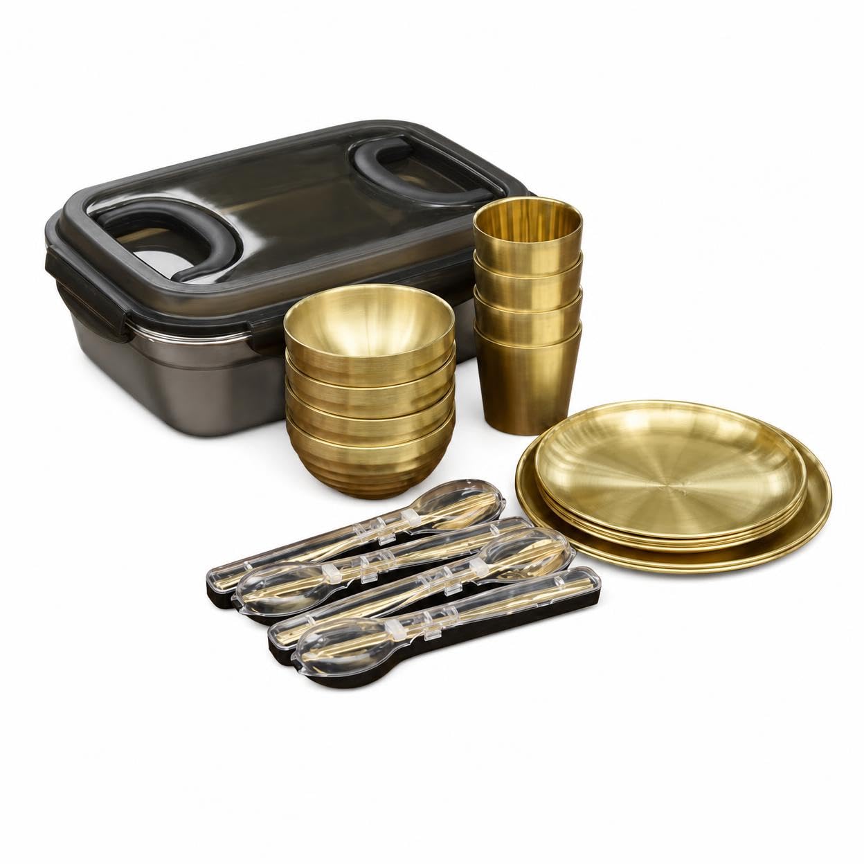 Gold Göffel Edelstahl, Reise Göffel für Camping, Kompakt Camping Set, Outdoor mit Tasche, 4-Personen-Set, Gold