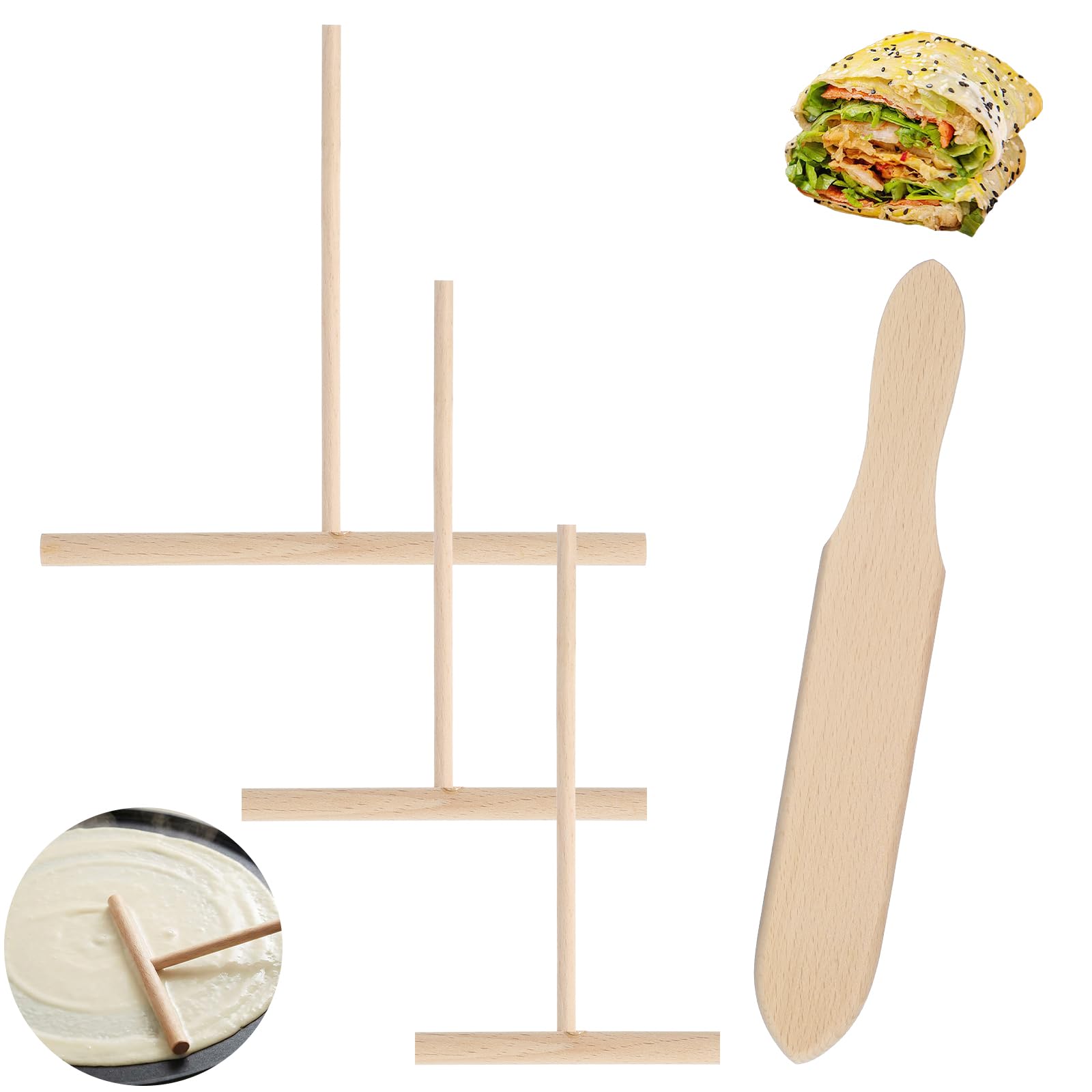 Crepe Spreader and Spatula Set, 4 Pack Crepe Spreader Wooden Crepes Maker 3 T-Shaped Spreaders(3.5", 5", 7") with Pancake Turner for Any Size Pan Maker Pan Accessories