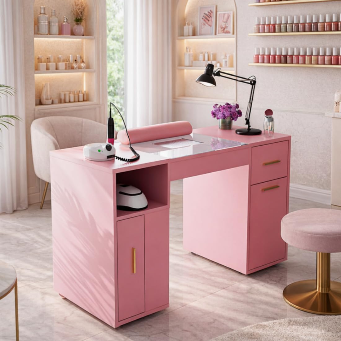 Manicure Table Nail Desk with Glass Top, Nail Station Nail Tech Table with Dust Collector, Wrist Rest, Storage Drawers & Cabinet, Beauty Salon Nail Workstation, Pink
