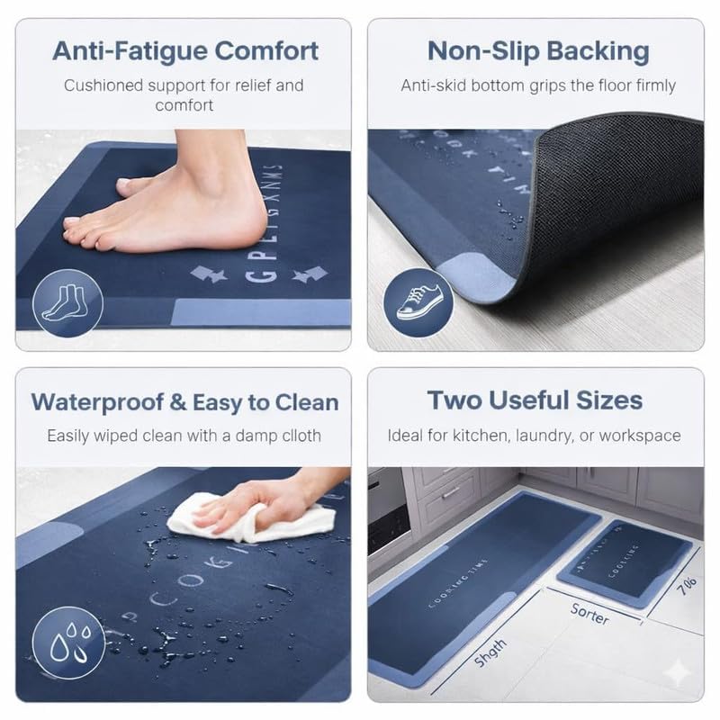 Image of Desi BAE 2 Pcs Kitchen Mats Set - Waterproof Memory Foam Anti-Fatigue Cushioned Rug Non-Slip Runner for Kitchen, Sink, Laundry & Home Office - 120x40 cm + 40x60 cm