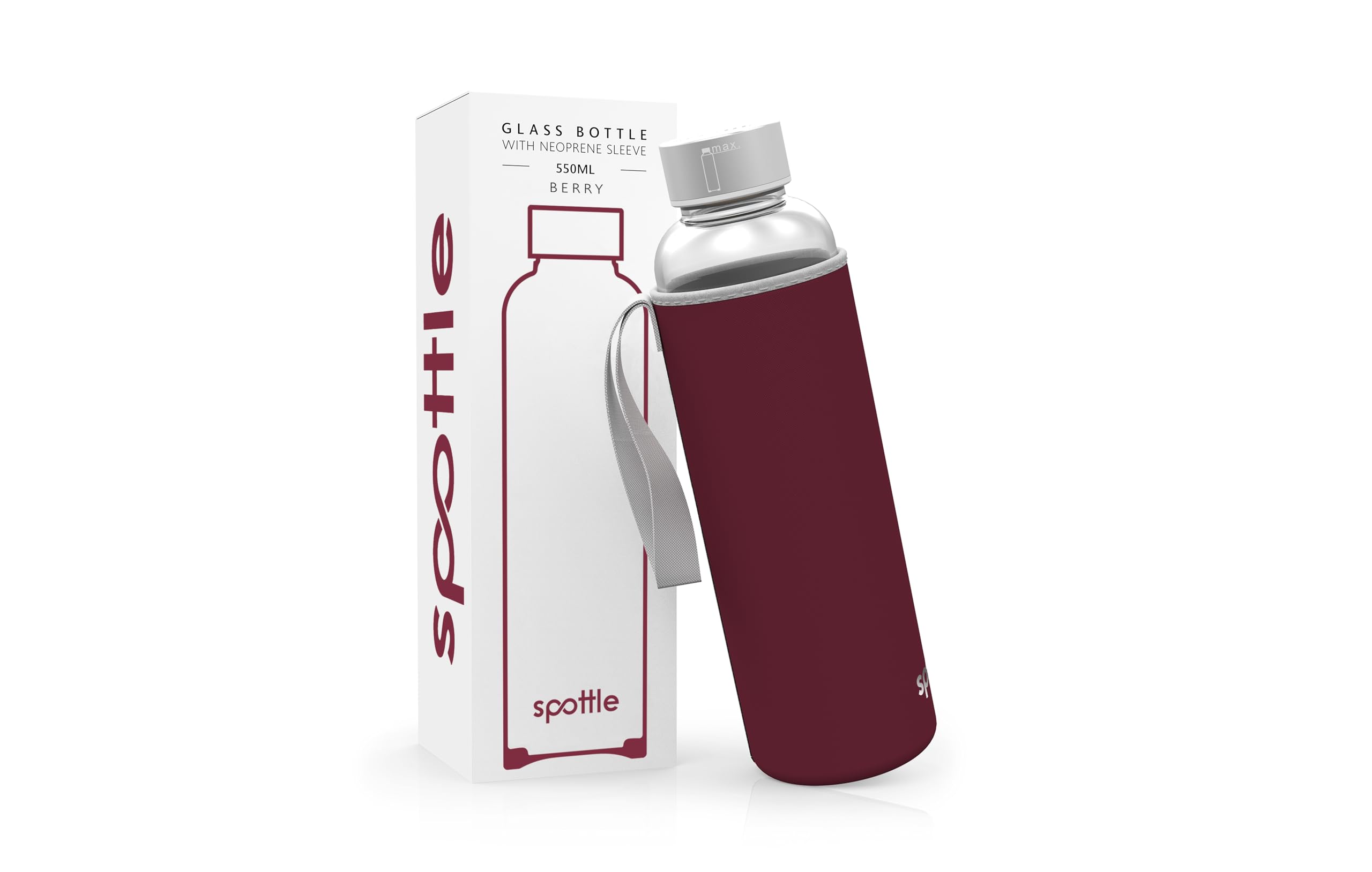 Spottle Pink Glass Water Bottle With Neoprene Sleeve, Borosilicate Drinking Bottle - Dishwasher Safe, Suitable For All Beverages, Bpa Free, 550Ml