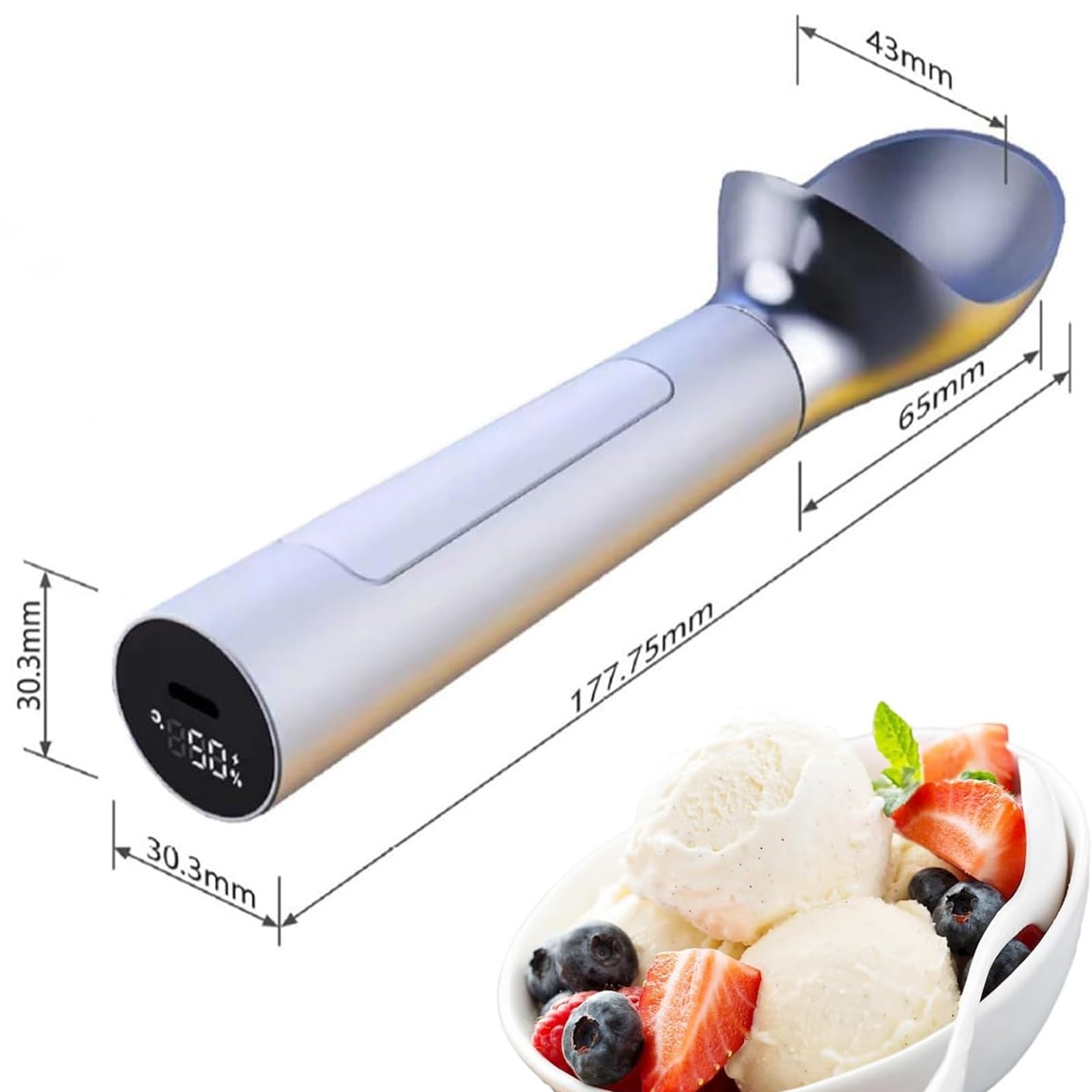 Cuillère à glace chauffante électrique, cuillère à glace chauffante automatique, 2 cuillères à glace chauffantes rechargeables avec affichage intelligent, capacité de 2 oz, étanché