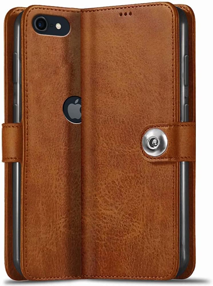 TheGiftKart iPhone SE 2020 / iPhone SE 2022 Flip Cover Back Case | Genuine Leather Finish | Designer Button | Inbuilt Pockets & Stand | Flip Back Cover for iPhone SE 2020 / iPhone SE 2022 (Brown)