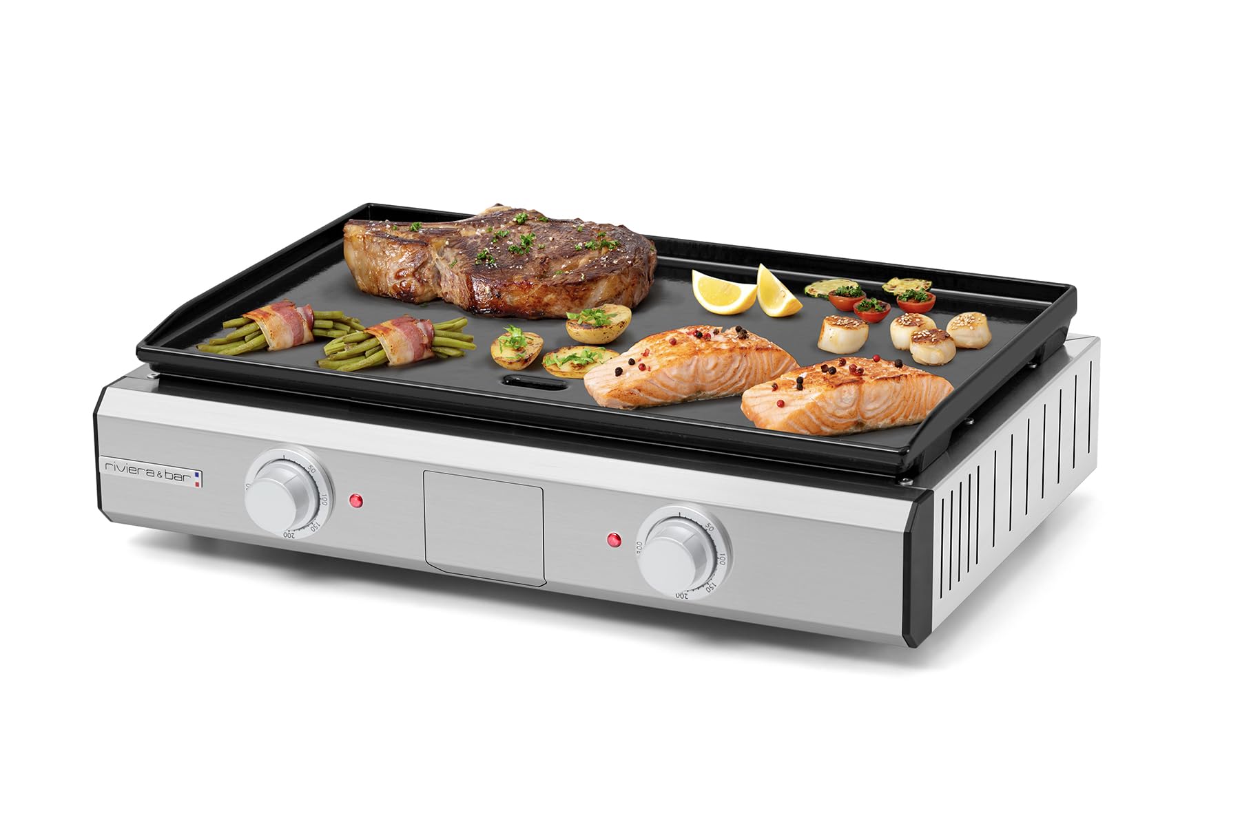 riviera&bar Elektro Plancha Pro - emaillierte Gusseisen-Grillplatte, 2 Temperaturzonen, 2500W, Indoor/Outdoor Grillplatte für bis zu 14 Personen