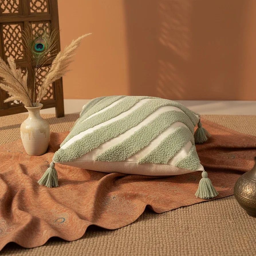 Image of Cushion Cover Pack of 4 (16x16 Inches) | Cotton Textured Decorative Throw Pillow Case for Sofa Bed Living Room Tufted Cushion Cover with Tassels (Green)