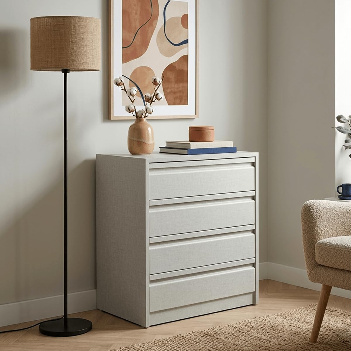 Genérico Cajonera Armario 4 Cajones Color Lino Textil Cancún con Guías Metálicas Acabado Premium Postformado, Ancho 50cm, Fondo 50cm y 73,60cm de Alto
