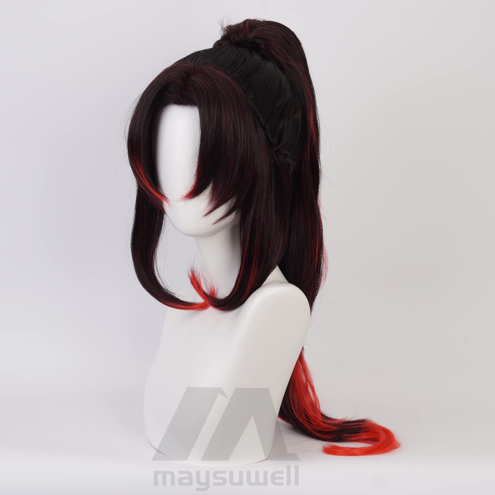 Black-Red Gradient Long Ponytail Hair for Men Women Halloween Cos Anime Party Heat Resistant Synthetic Fabric Costume Hair - Image 2