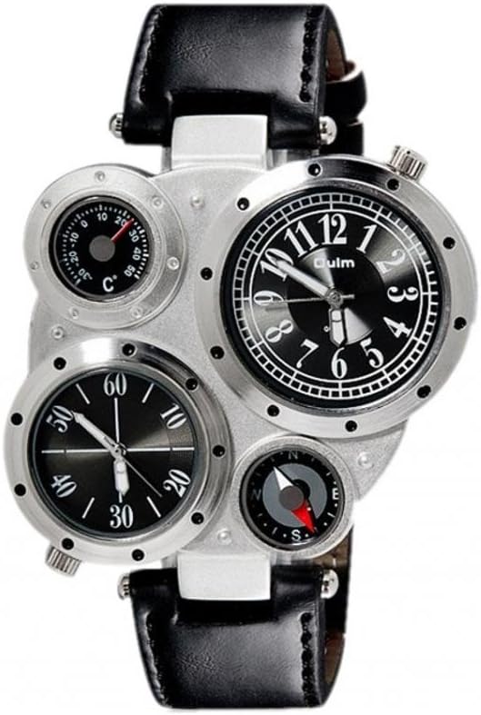 Oulm Fashion Army Watch Movement Multi-Function Watch for Men with Dual Movt Numerals Genuine Leather Black Dial