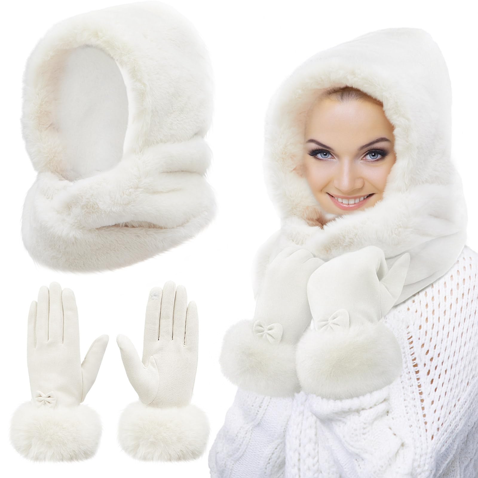 2 Pieces Women Faux Fur Infinity Winter Gloves Soft Hooded Scarf Touch Screen Gloves-image-36