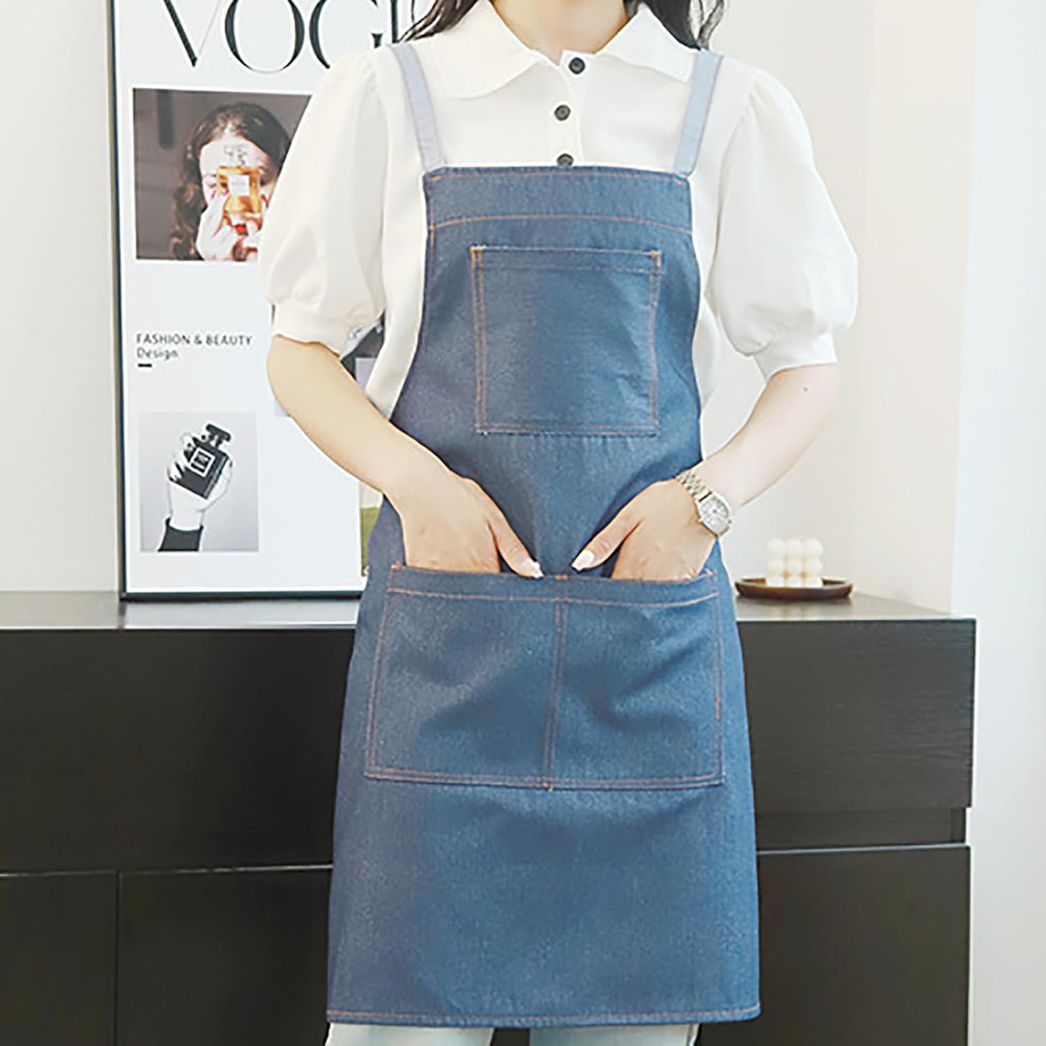Denim Kitchen Apron Cross Back Adjustable Chef Apron with Pockets for Cooking, Baking, Housework Unisex