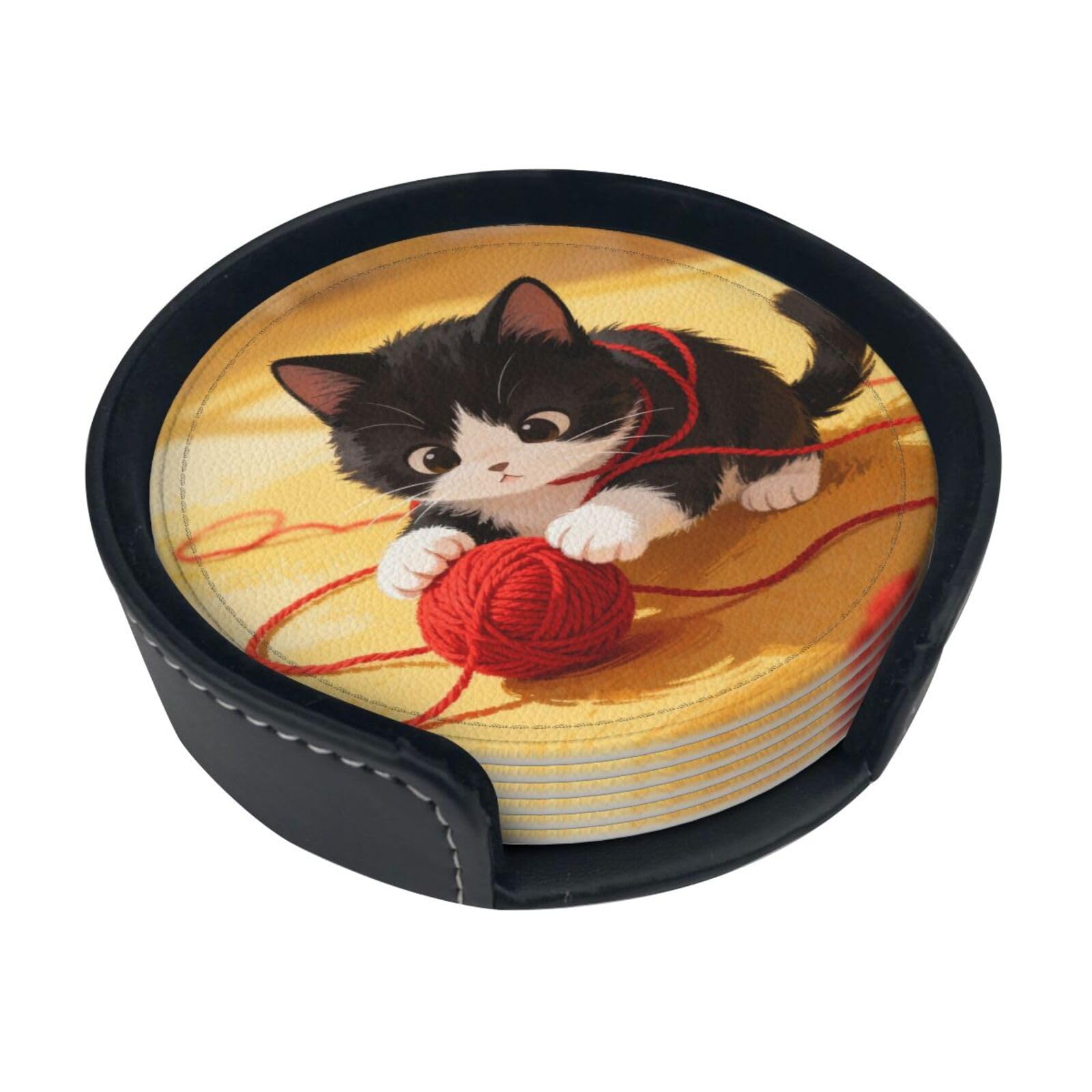 Cntdbu White Cat Yarn Ball Leather Coasters Set Of 6-Pu Leather Drink Mats For Table, Heat Resistant Round Coasters With Holder