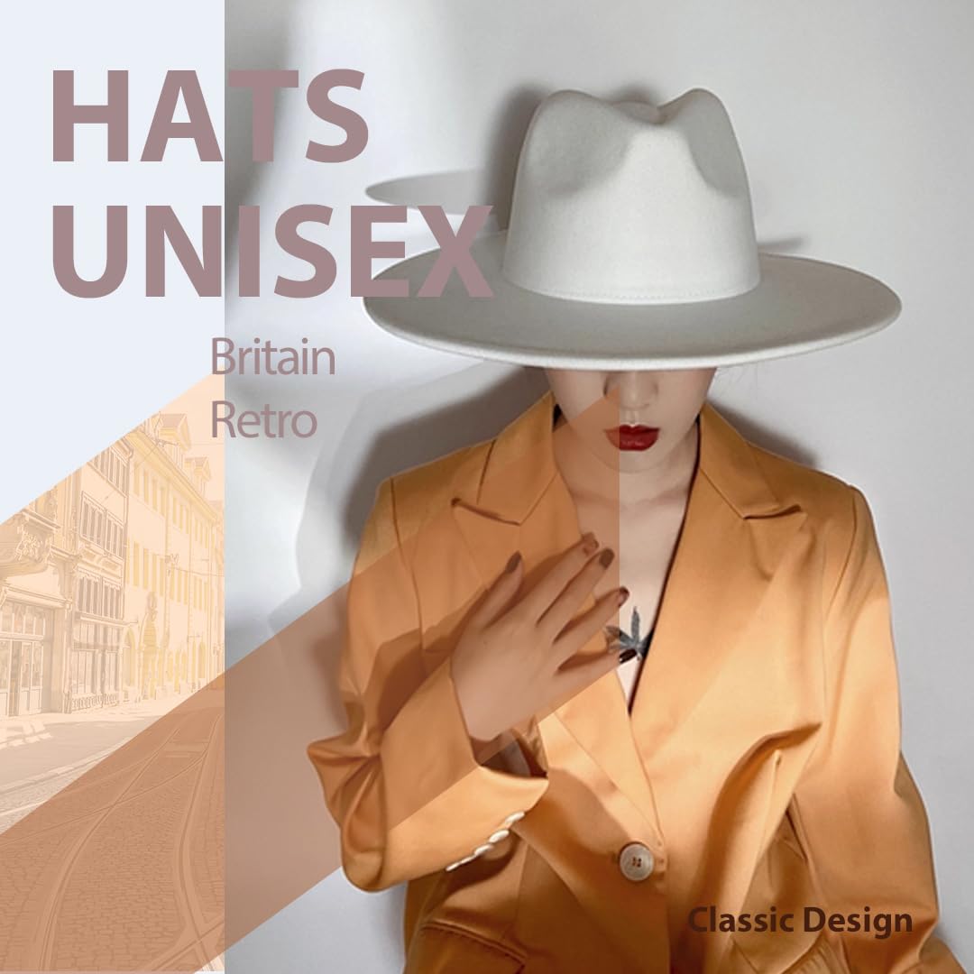Happyupcity Sombrero Fedora de fieltro de ala ancha grande para mujeres y hombres, ajustable, clásico, sombrero de Panamá, sombrero Trilby, blanco, Talla única