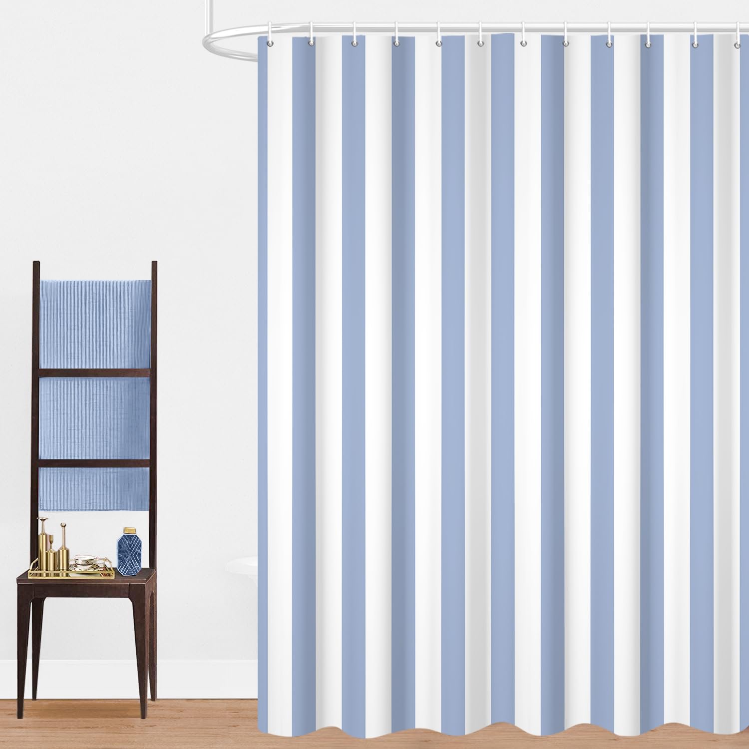 GCIREC Shower Curtain, 120x200cm, White and Light Blue Modern Minimalism Vertical Stripes Waterproof Fabric Machine Washable Bathroom Curtain with Hooks — image 1