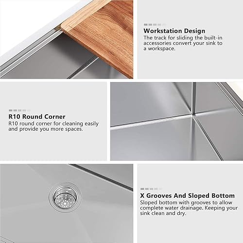 Miniatura 5 de Estación de trabajo de acero inoxidable de 33 x 22 pulgadas, fregadero de cocina de un solo tazón de 33 pulgadas con tabla de cortar
