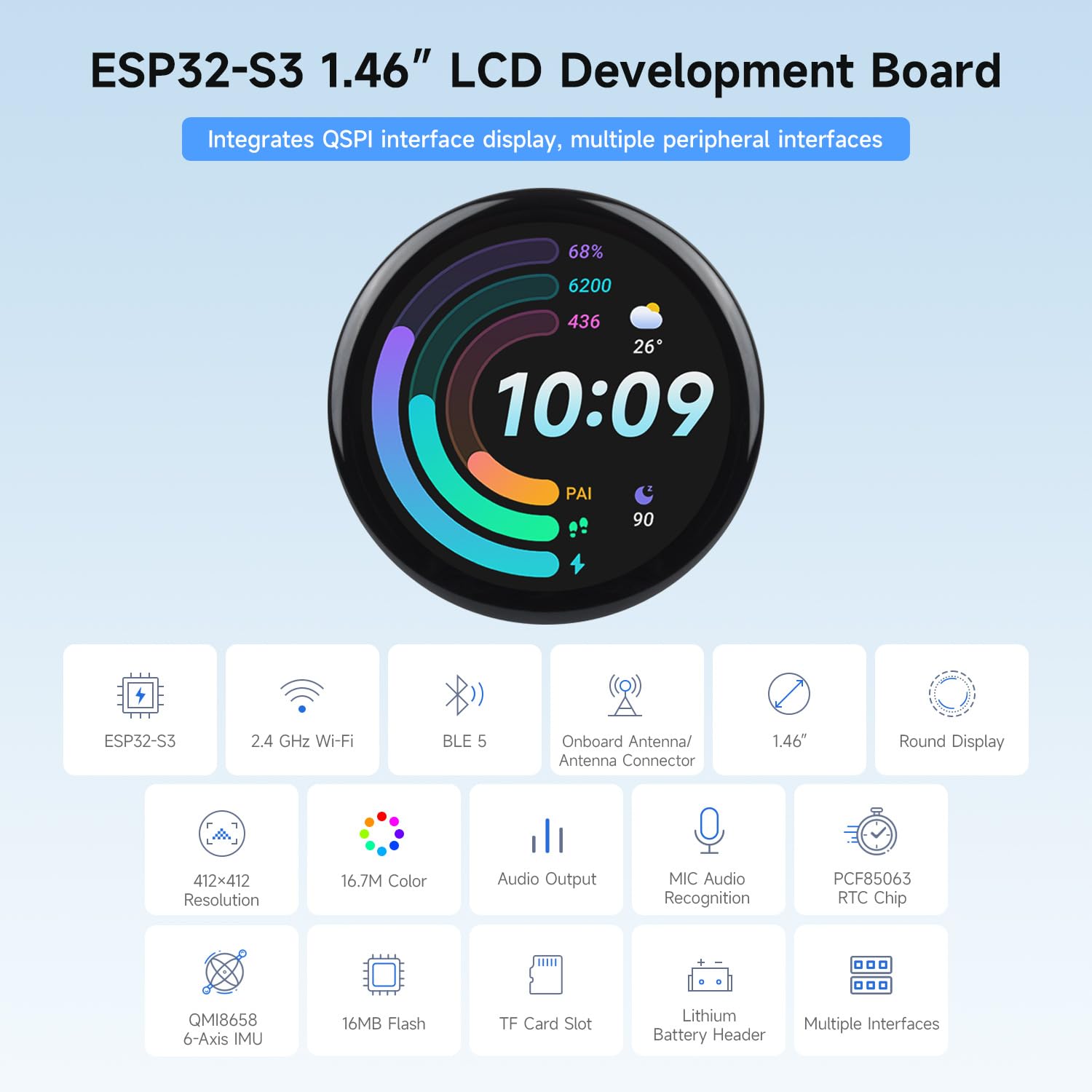 Waveshare ESP32-S3 1.46inch Round Display Development Board, 412x412, Supports Wi-FI & BLT, Accelerometer and Gyroscope Sensor, Onboard Speaker and Microphone, Without Protective Cover Glass