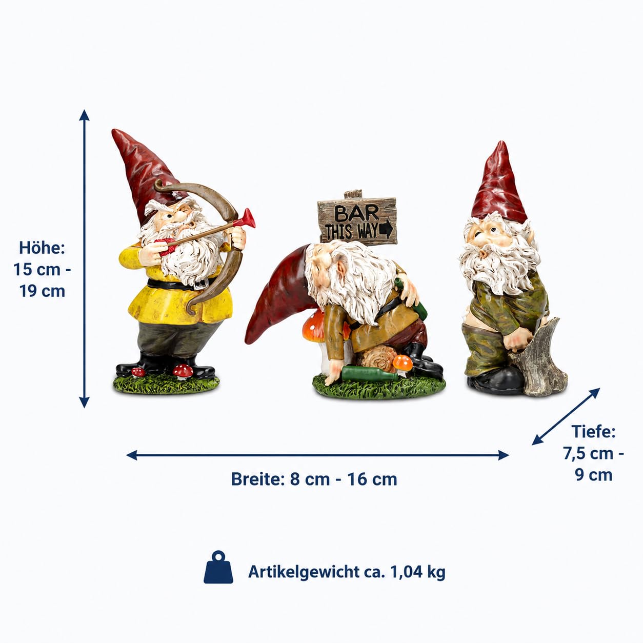 Figuren Shop GmbH Gartenfigur Gartenzwerg Set 3er 15-19 cm – freche Zwerge mit Amor, pinkelndem Zwerg und Säufer aus Polyresin, handbemalt und wetterfest – Dekofiguren Gartendeko 3-teilig