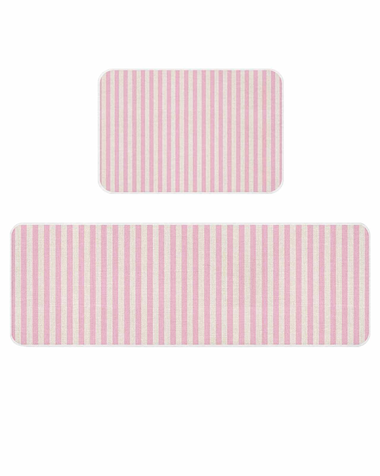 Pink Striped Kitchen Rugs and Mats Set of 2, Modern Simple Farmhouse Beige Vintage Absorbent Bath Runner Rug Washable Floor Door Mats Throw Accent for Bedroom Living Room Bathroom Entrance Tub Sink