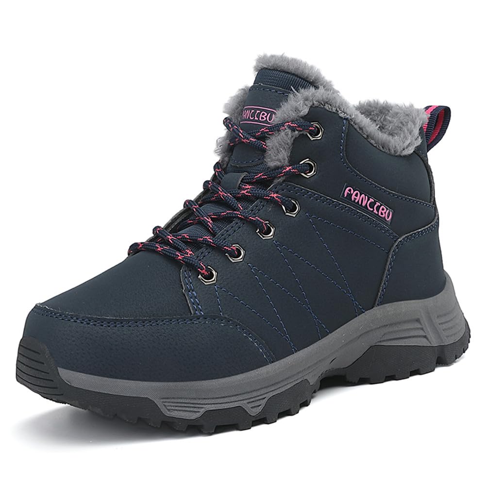 UIKGITP Botas deportivas de invierno impermeables para mujer, botas de nieve con forro de piel, botas de tobillo cálidas sin cordones, elegantes y mullidas para senderismo para mujer