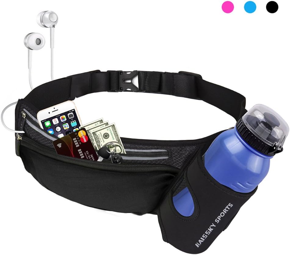 Running Waistpack with Water Bottle Holder, Fitness Waterproof Waist Belt Bag for Running, Cycling, Travelling, Hiking and Bum Bag Workout Pouch for iPhone Samsung Smartphones(No bottle)- Black