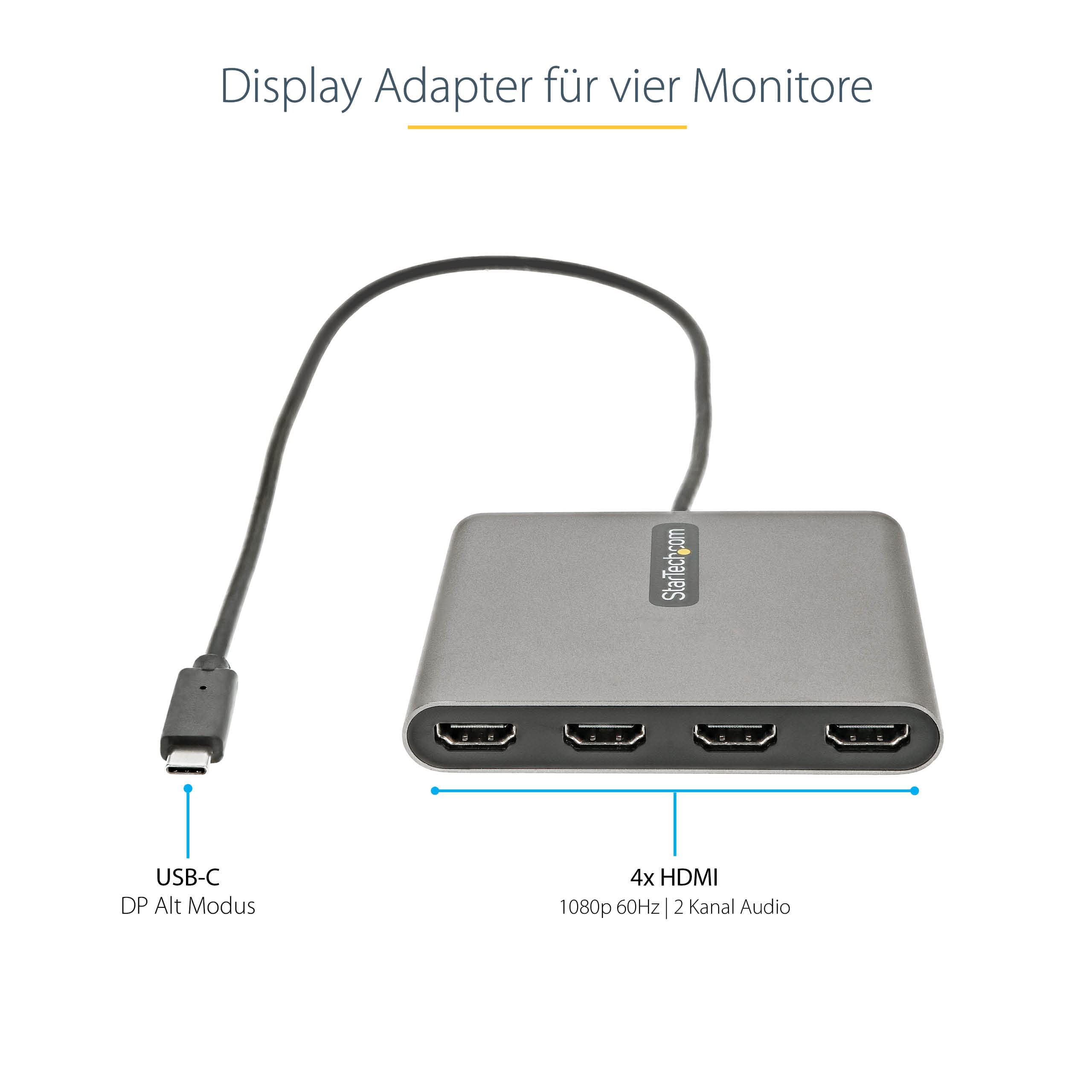StarTech USB-C auf 4x HDMI Adapter, 4x 1080p 60Hz, 50cm, USB-betrieben | Quad HDMI Dockingstation, Externe Grafikkarte für Laptop und PC, Multi-Monitor, 4 Monitore