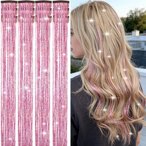 Clip in Hair Tinsel Fairy Hair Tinsel Kit for Girls Women Hair Accessories Glitter Hair Tinsel Clip in 12Pcs Colorful Tinsel Hair Extensions with 2Pcs Hair Glitter Gel for Party Festival (Pink)