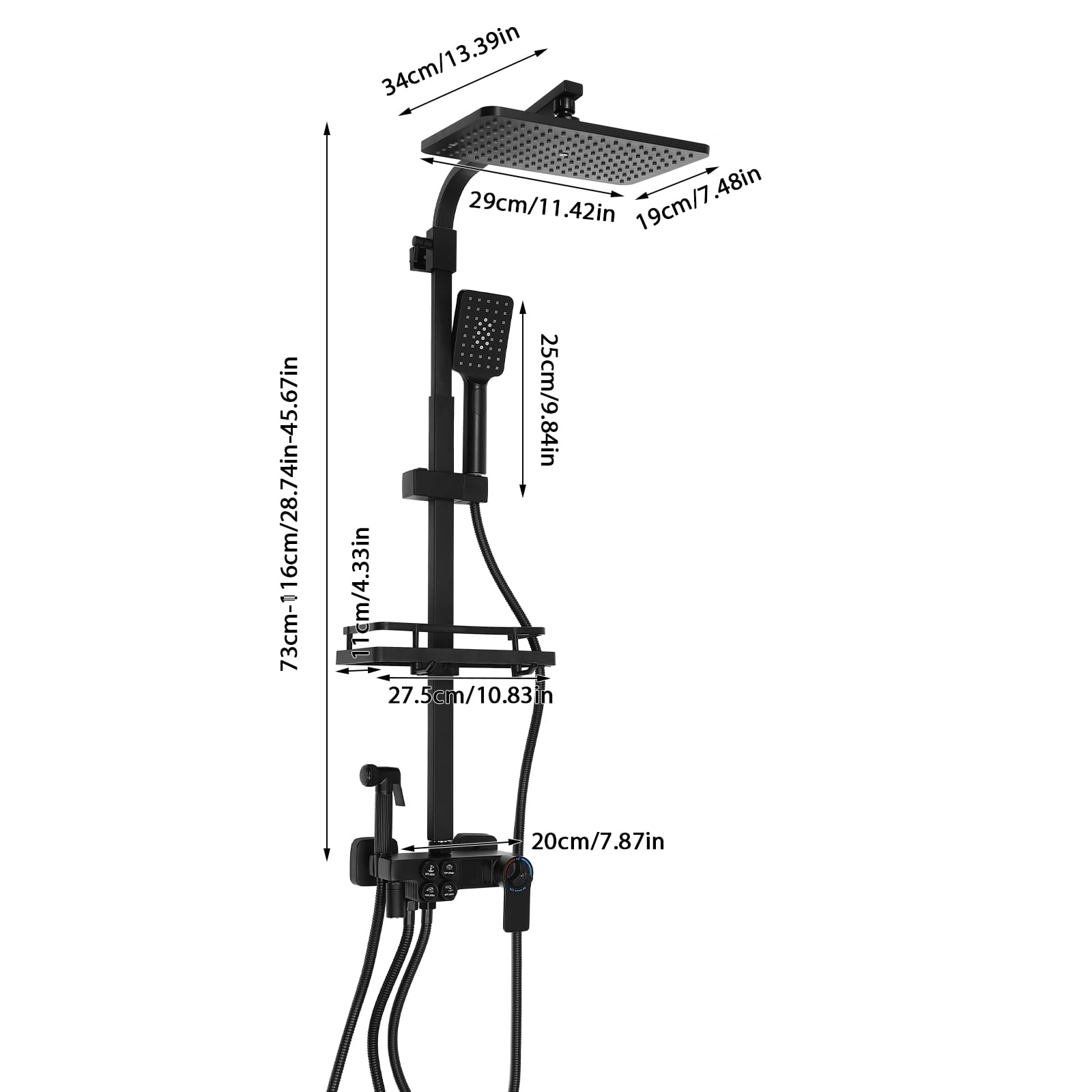 Zestaw prysznicowy z deszczownicą, zestaw prysznicowy z głowicą prysznicową, termostatyczny system prysznicowy, kolumna prysznicowa, ze stali nierdzewnej, wielofunkcyjna, 73-116 cm, regulowany stan