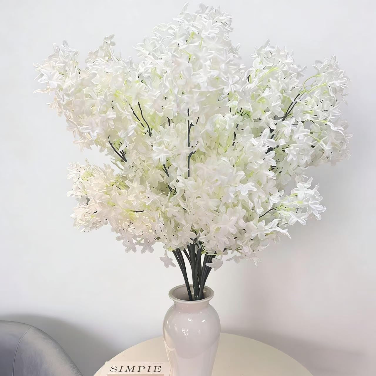 5 Pcs 32" Artificial Lilac Flowers with Long Stem Realistic Purple Fake Flowers Elegant Formal No Maintenance Floral Decor for Home Wedding Office Vase Centerpieces and DIY Arrangements (White)