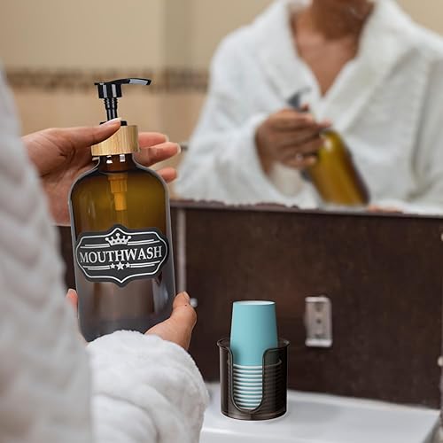 Miniatura 3 de Dispensador de enjuague bucal ámbar para baño, botellas de enjuague bucal recargables de 16 onzas con bombabandeja de bambú y soporte para vasos de