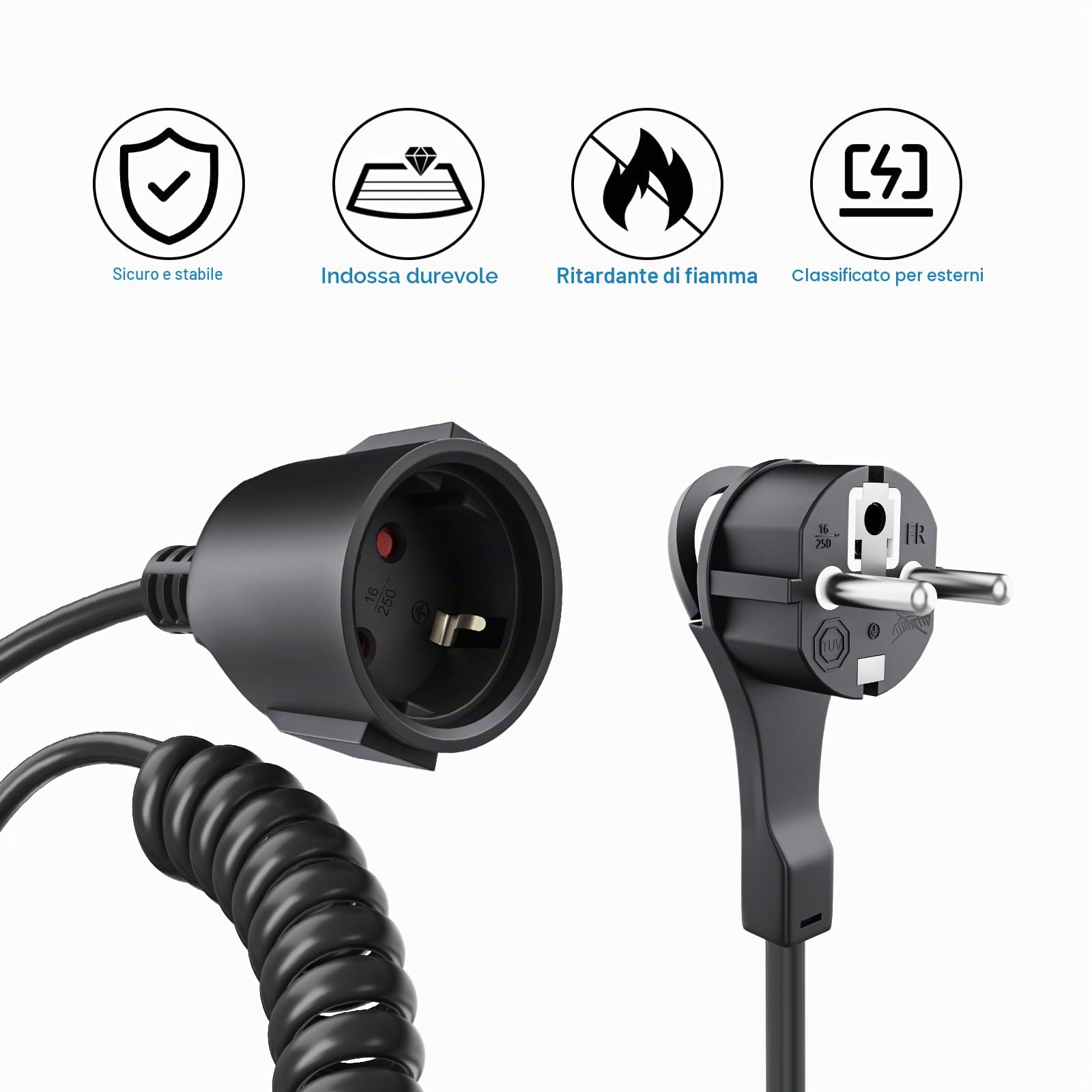 Cavo di prolunga a spirale, 8 m, IP44, Schuko, estensibile fino a 8 m, 3 x 1 mm², cavo a spirale per famiglia, cantiere, giardino (250 V/16 A, nero)