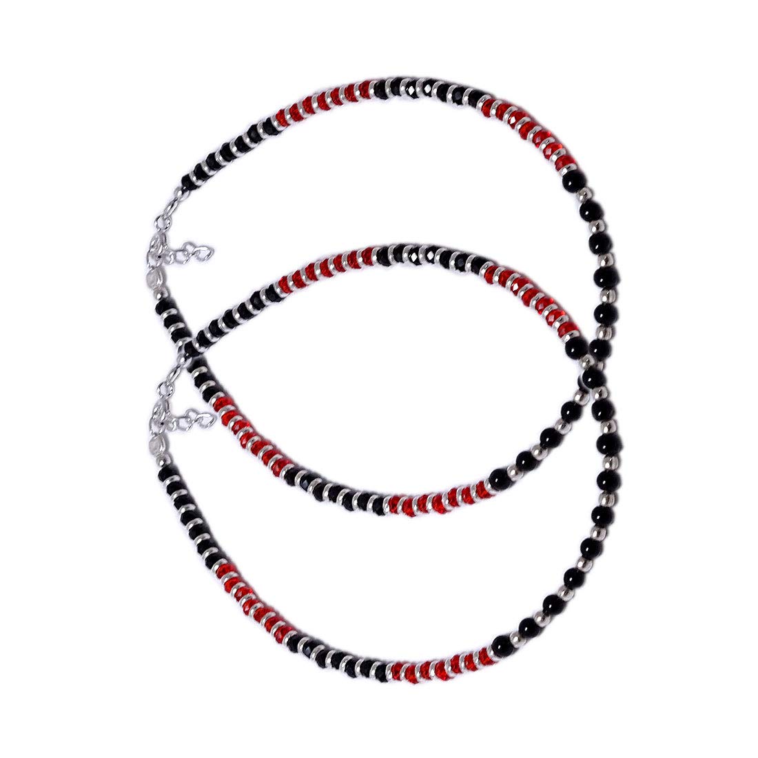 925 Stylish Nazariya Anklet (Payal) with Black Red & Silver Beads in Pure 92.5 Sterling Silver for Girls and Women ~ 2 Pc ~ Pair-image-18