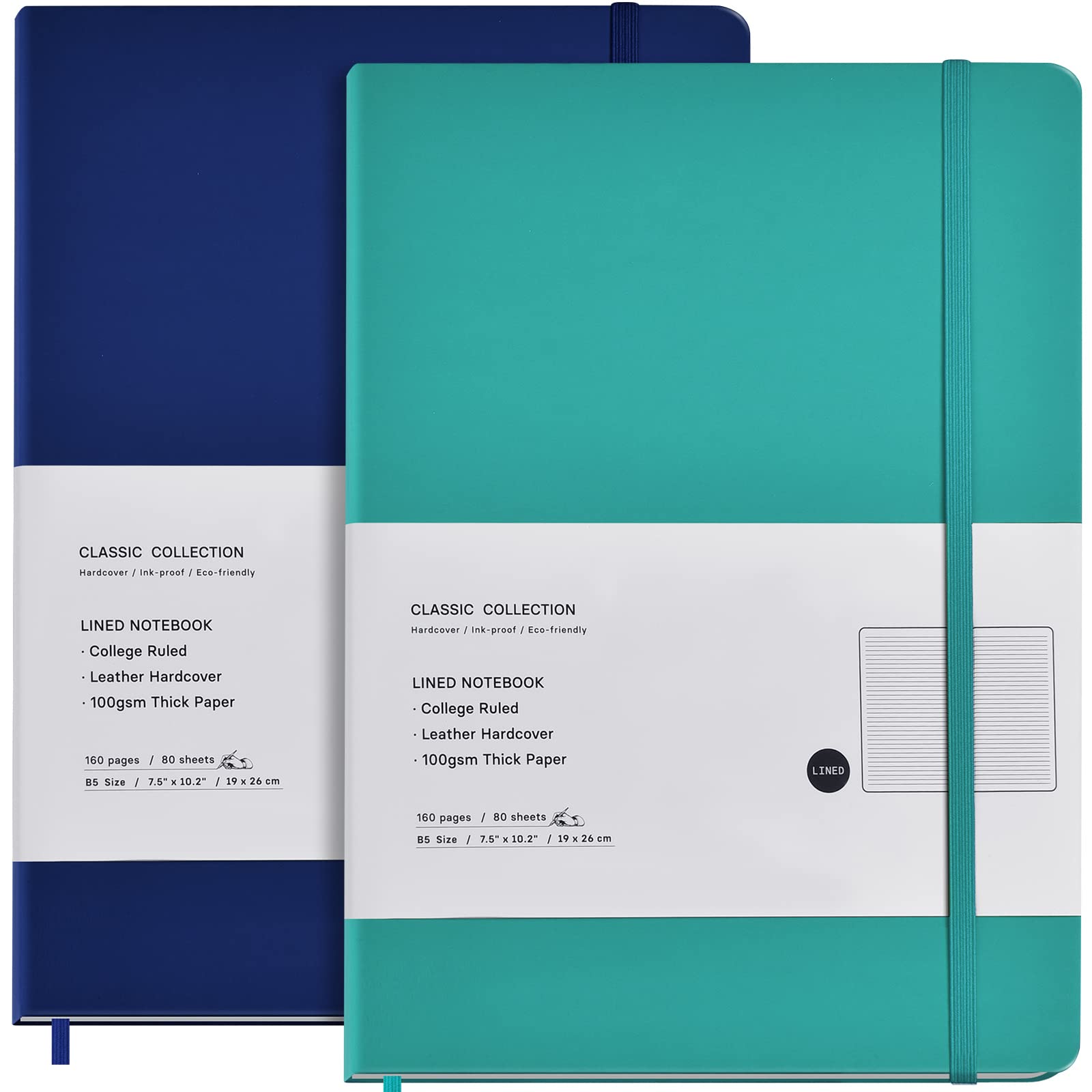 Quaderni classici a righe in similpelle con copertina rigida B5, grandi quaderni per ufficio, casa, scuola, affari, 25,9 x 19,1 cm, carta spessa 100 g/m², 160 pagine (blu/verde)