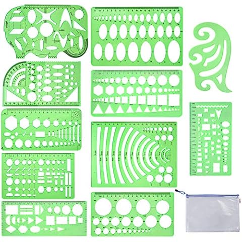11 Pieces Geometric Drawings Templates Stencils Plastic Measuring Template Rulers Clear Green Shape Template For Drawing Engineering Drafting Building School Office Supplies Cover