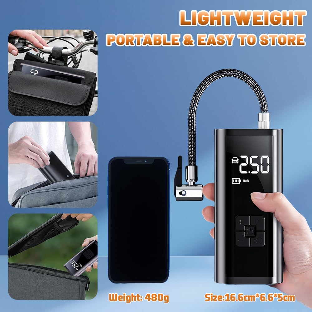 flintronic Compressore Aria Portatile Auto Senza Fili, Batteria Ricaricabile USB 12 V, Compressore ad Aria Portatile, Fino a 150 psi, Luce Led Integrata, 4 Adattatori per Ugelli, Adatta per Auto,Moto