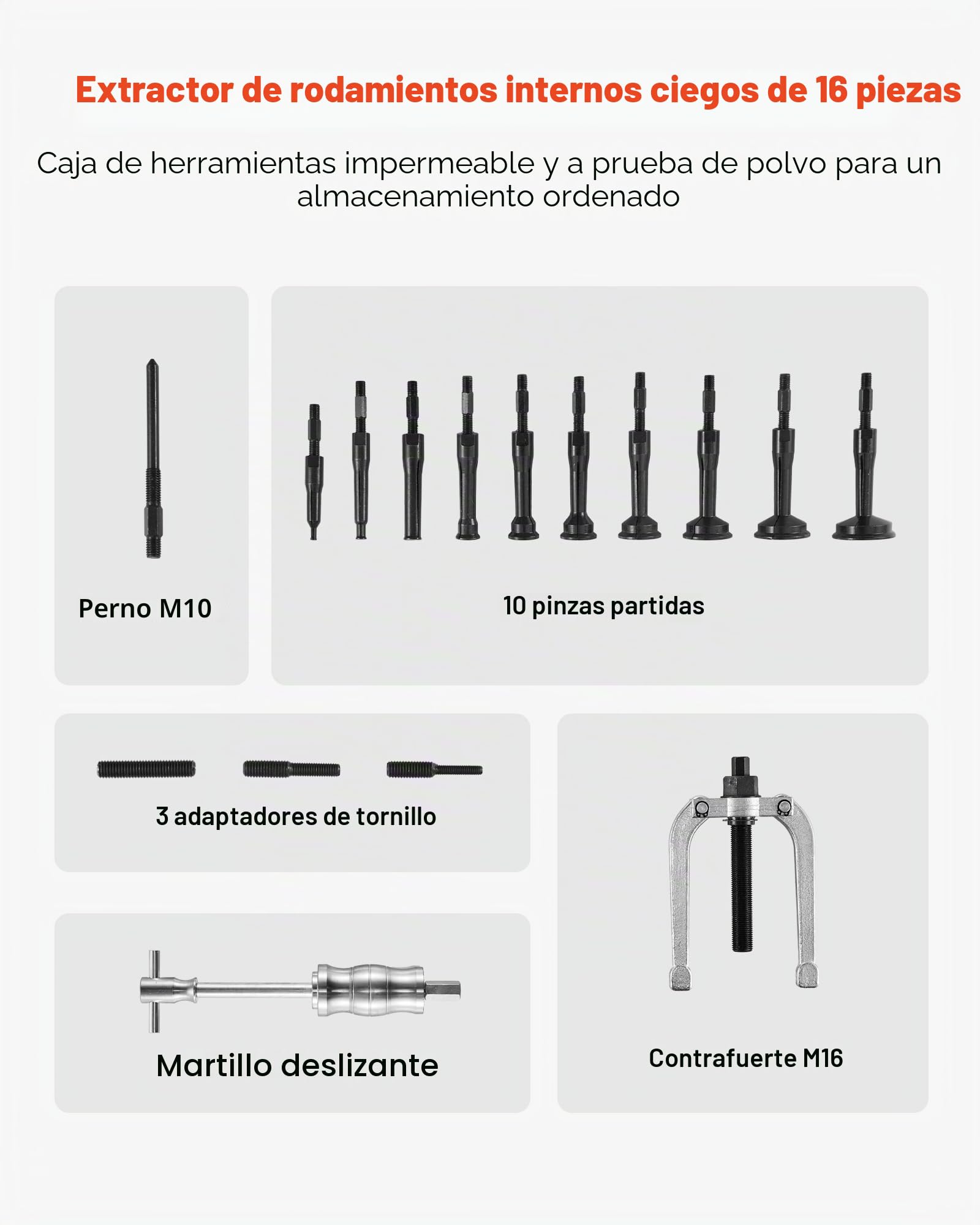 VEVOR Juego de Extractores de Cojinetes para Agujeros Ciegos, 16 en 1, Kit de Extracción de Juntas y Pistas de Cojinetes Internos, Martillo Deslizante, Inserto Piloto, con 10 Pinzas Divididas
