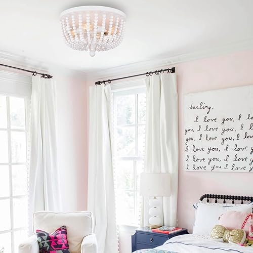 Miniatura 2 de ALICE HOUSE Luz de montaje empotrado de 18 pulgadas, candelabro rústico de cuentas de madera blanca, lámpara de techo de 4 luces para entrada,