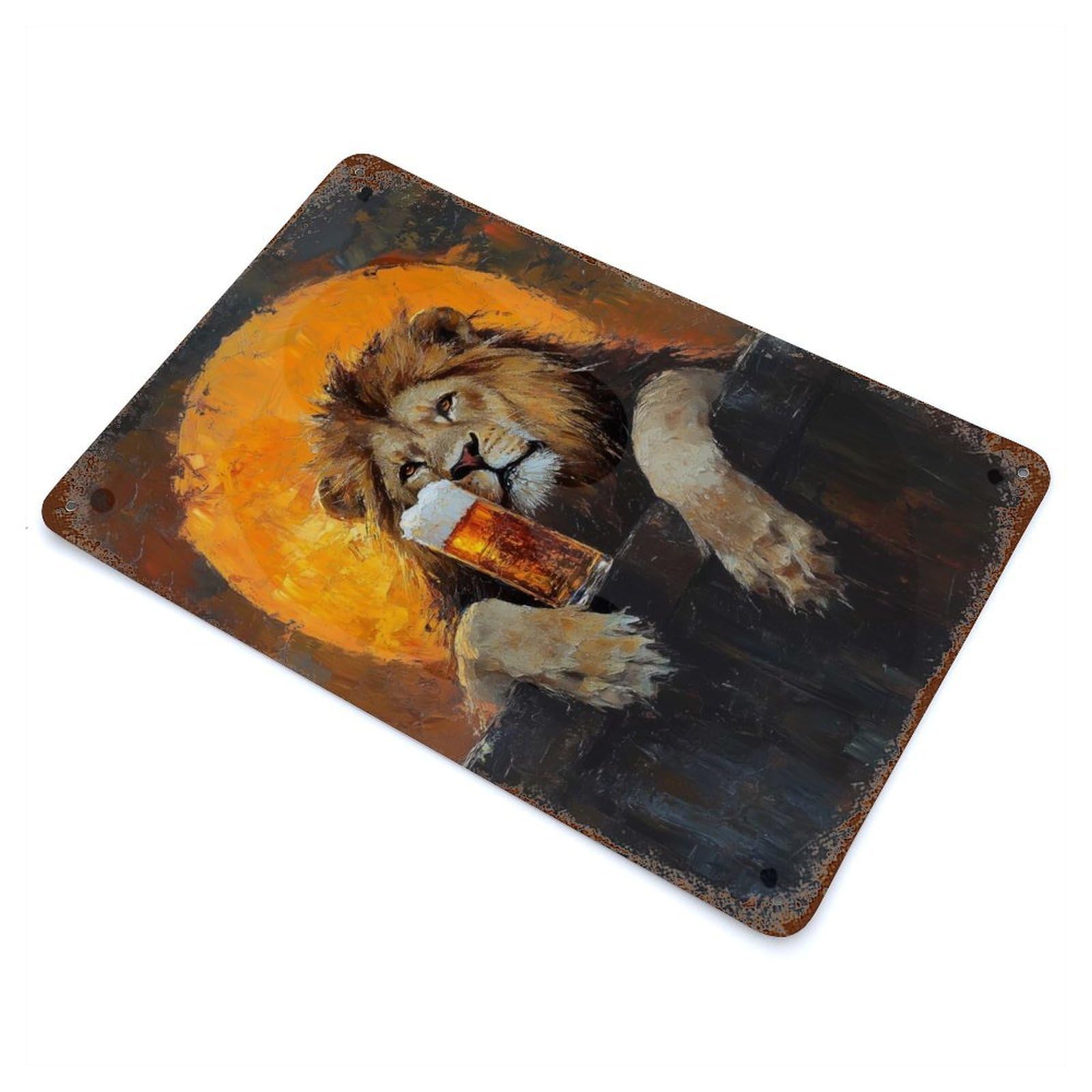 Lion with Beer Rustic Tin Plaque 11.8"x7.9", for Shed, Workshop And Garage Wall Decor, Shabby Chic Decor