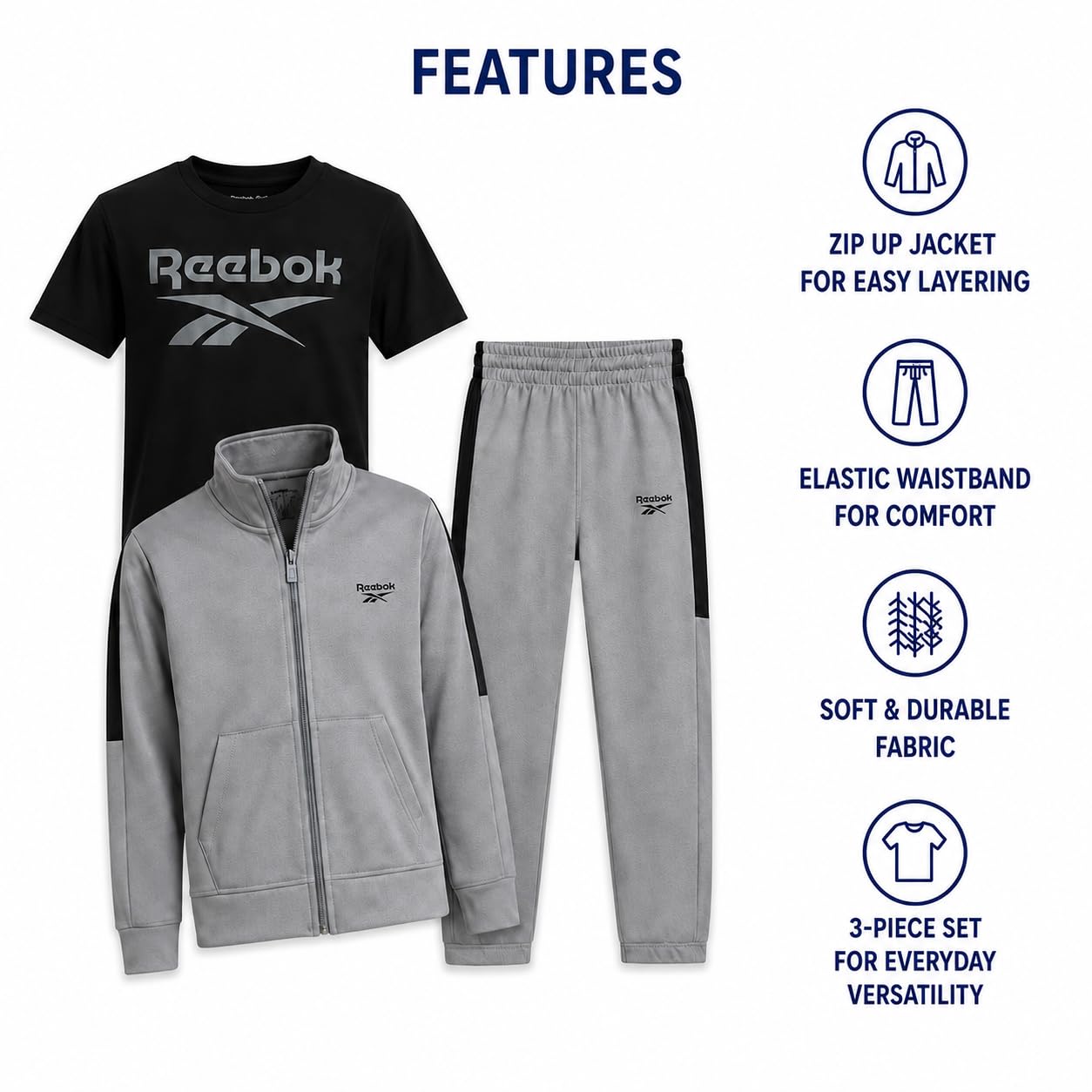 Reebok Jogger-Set für Jungen, 3-teilig, athletischer Trainingsanzug mit Trikot-Reißverschluss, Jacke, T-Shirt und Jogginghose für Jungen