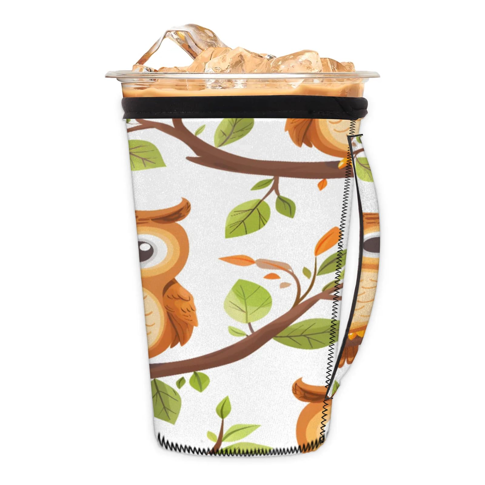 Tree Branch Cute Owls Reusable Neoprene Coffee Sleeve with Handle Insulated Iced Coffee Cup Holder Reduces Condensation Fits 24-28 oz Cups M