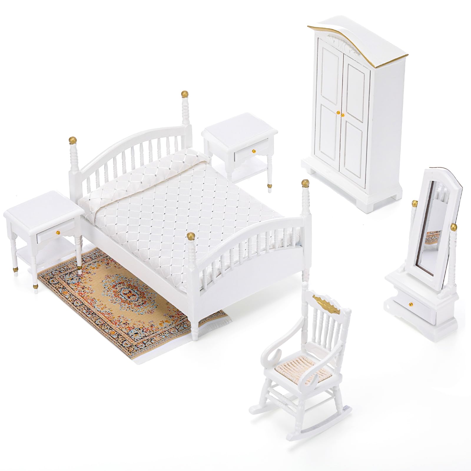 Skylety Juego de 7 muebles victorianos para casa de muñecas a escala 1:12, juego de muebles de dormitorio para adultos, juguetes en miniatura, accesorios para casa de muñecas