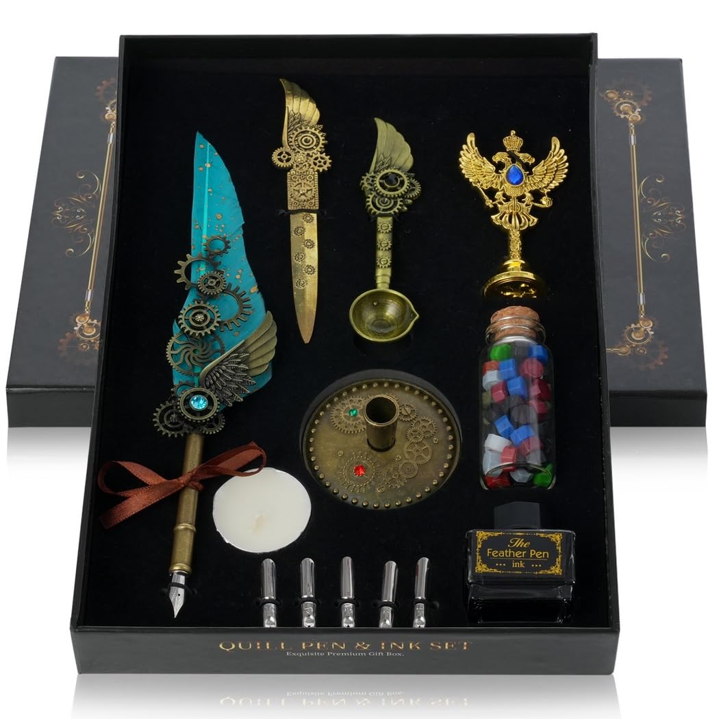 Set di penne per calligrafia con inchiostro, sigillo in cera, 5 pennini e accessori steampunk, perfetto per gli appassionati di calligrafia