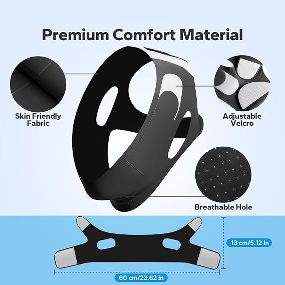 Chin Strap, Adjustable Sleeping Aid for Mouth Closure, Comfortable Neck and Jaw Support Strap, Breathable Fabric with Velcro Fasteners (Black, Large)